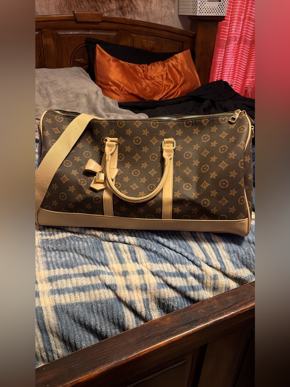Designer-Style Brown Monogram Travel Duffle with Tan Trim